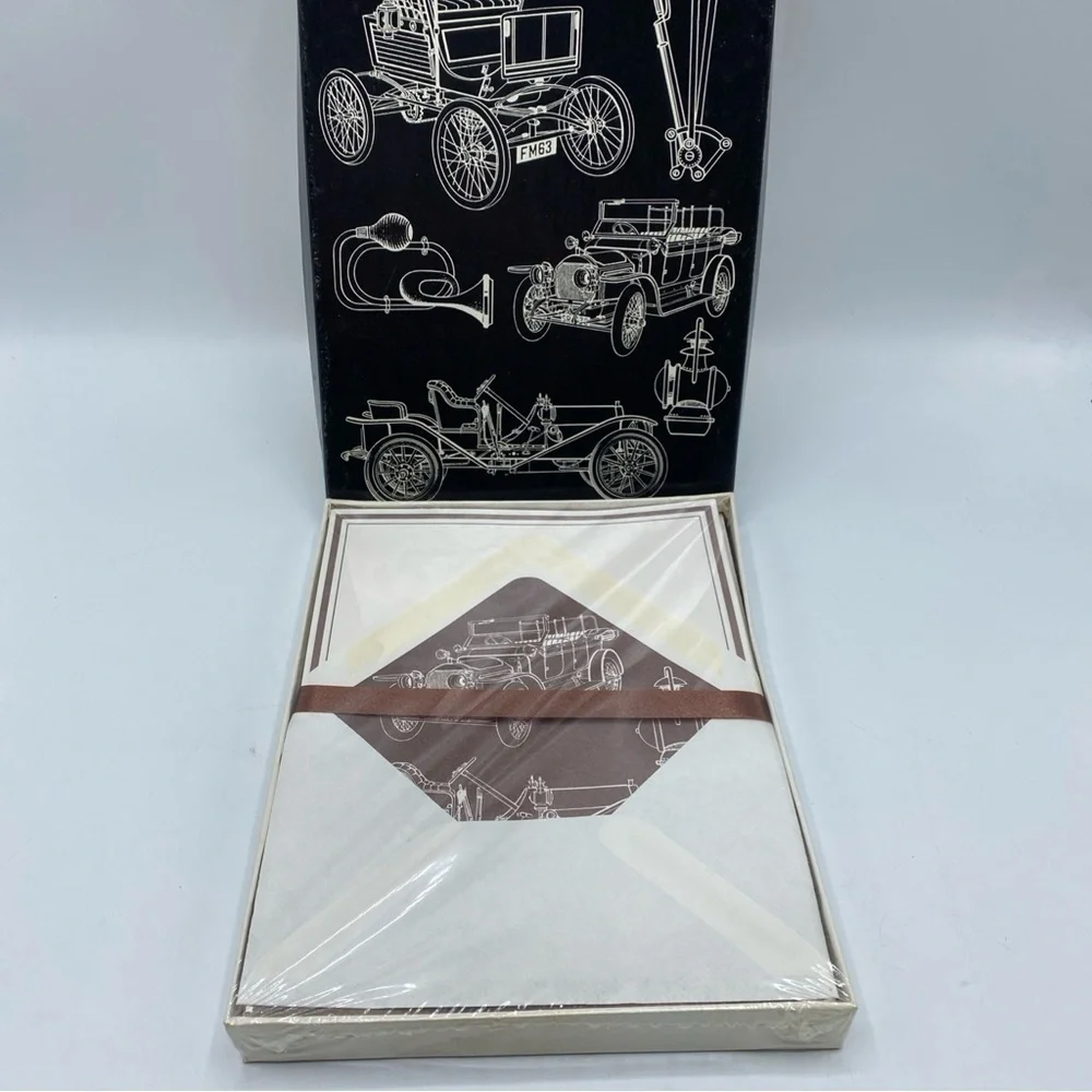 Vintage AMERICAN GREETINGS Stationery BOX Old Cars Notepaper Fold Envelopes USA